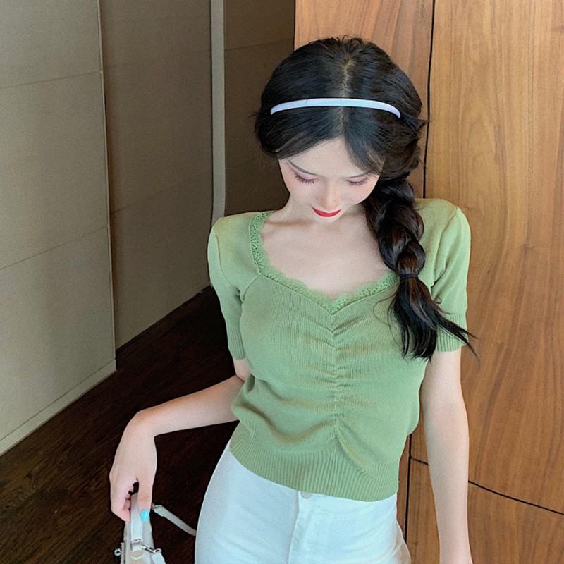 Áo Thun Dệt Kim Tay Phồng Phối Ren Xinh Xắn Cho Nữ