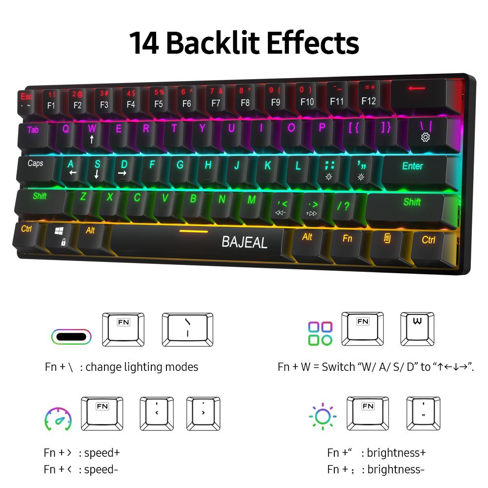 Bàn phím cơ học có dây nhỏ gọn BAJEAL với 61 phím Double Shot Keycaps 6 / N-key Rollover LED Hiệu ứng đèn nền màu xanh lam