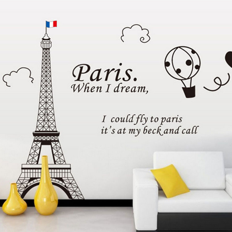 Decal dán tường thành phố paris mộng mơ và tháp eiffel đen