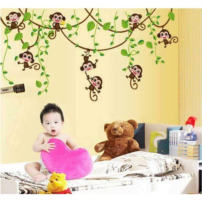 Decal dán tường Combo 2 tranh khỉ đu cây + nấm và hươu