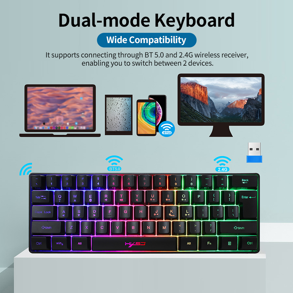 HXSJ L500 61-key Dual-mode Keyboard BT 5.0 Compact Keyboard 2.4G Wireless RGB Backlit Keyboard