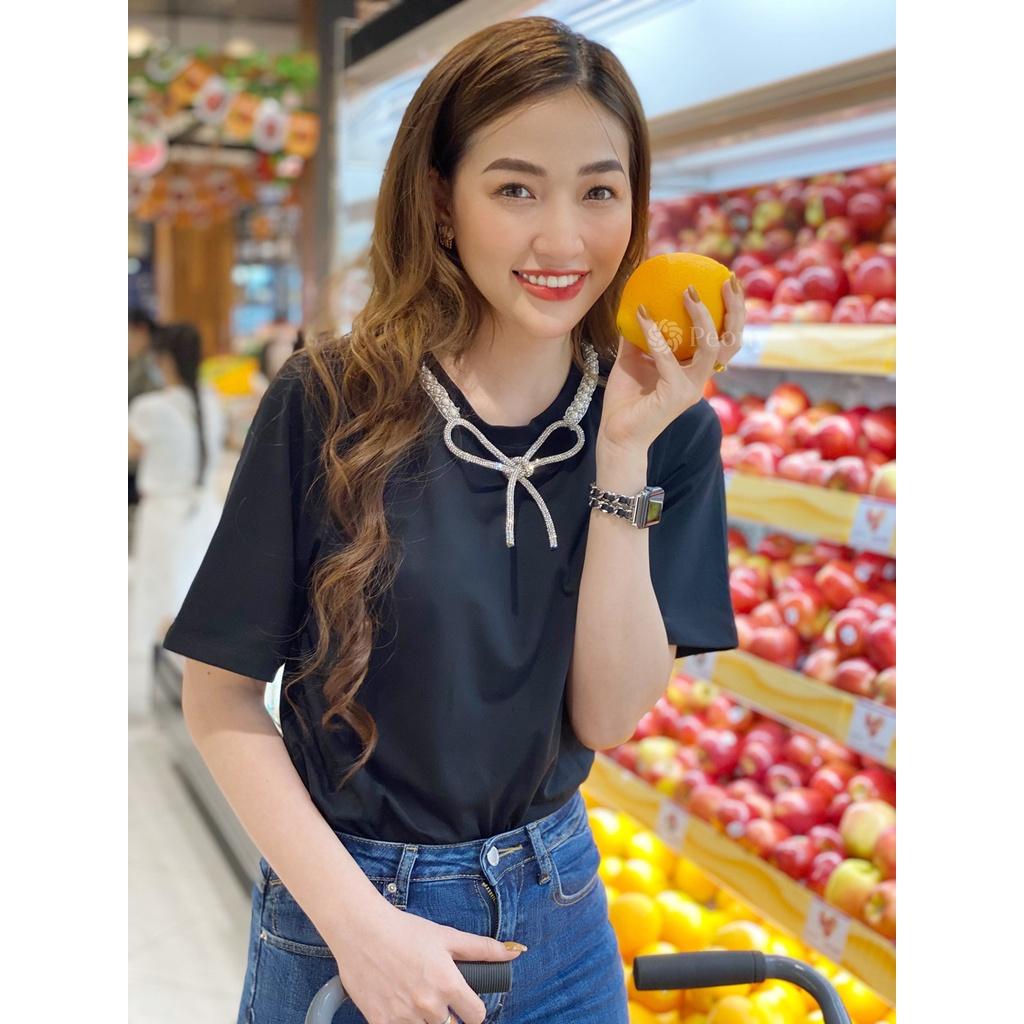 Áo thun kiểu đính nơ phụ kiện cao cấp, nữ tính, trendy, dáng rộng - Peony