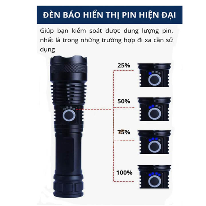 Đèn pin siêu sáng cầm tay XHP50 chiếu xa 500m có Zoom xa gần, chống thấm nước, pin trâu 6800mAh 5 chế độ sáng