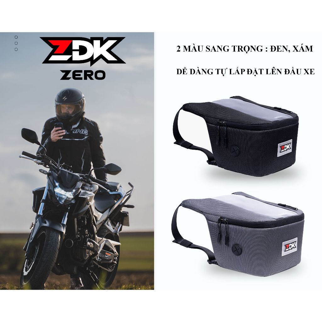 Túi treo xe máy chính hãng ZDK Zero, túi treo đầu xe, túi treo ghi đông xe máy chứa đồ dùng, cảm ứng điện thoại tốt - Hàng chính hãng