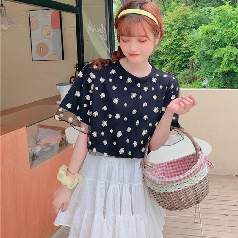 Summer Women Short Sleeve O-Neck Printed Mesh Tee Tops T Shirt Loose Daisy Tops