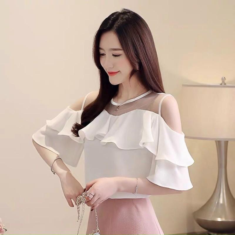 Áo sơ mi cổ tròn phối lưới và bèo