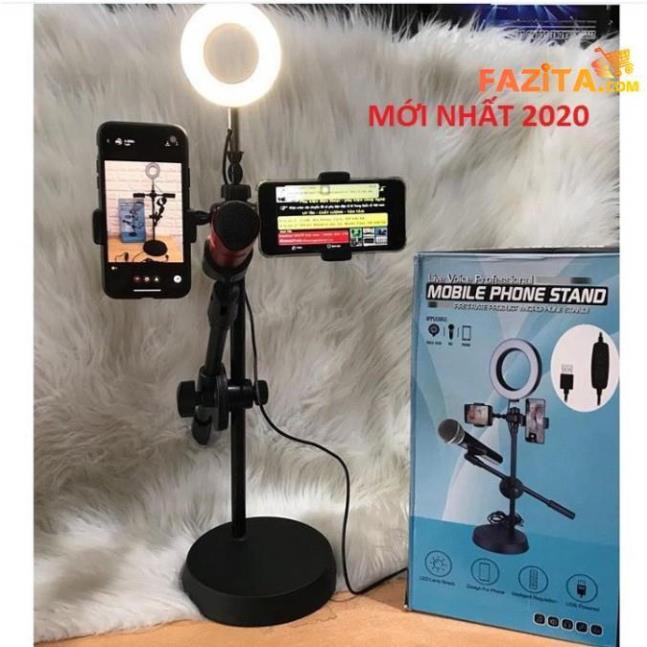 Đèn Live Stream 4in1 Để Bàn Có Chân Đỡ Micro LivesTream Hai Điện Thoại - Bộ Giá Đỡ Điện Thoại Livestream 4in1