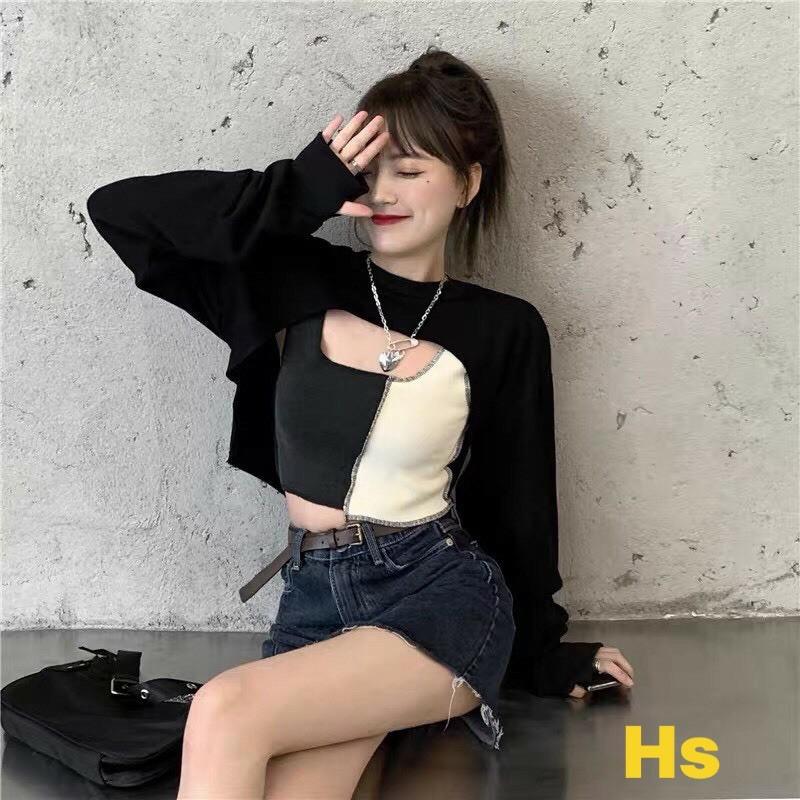 Bộ Áo croptop dài tay phối 2 màu đen-trắng