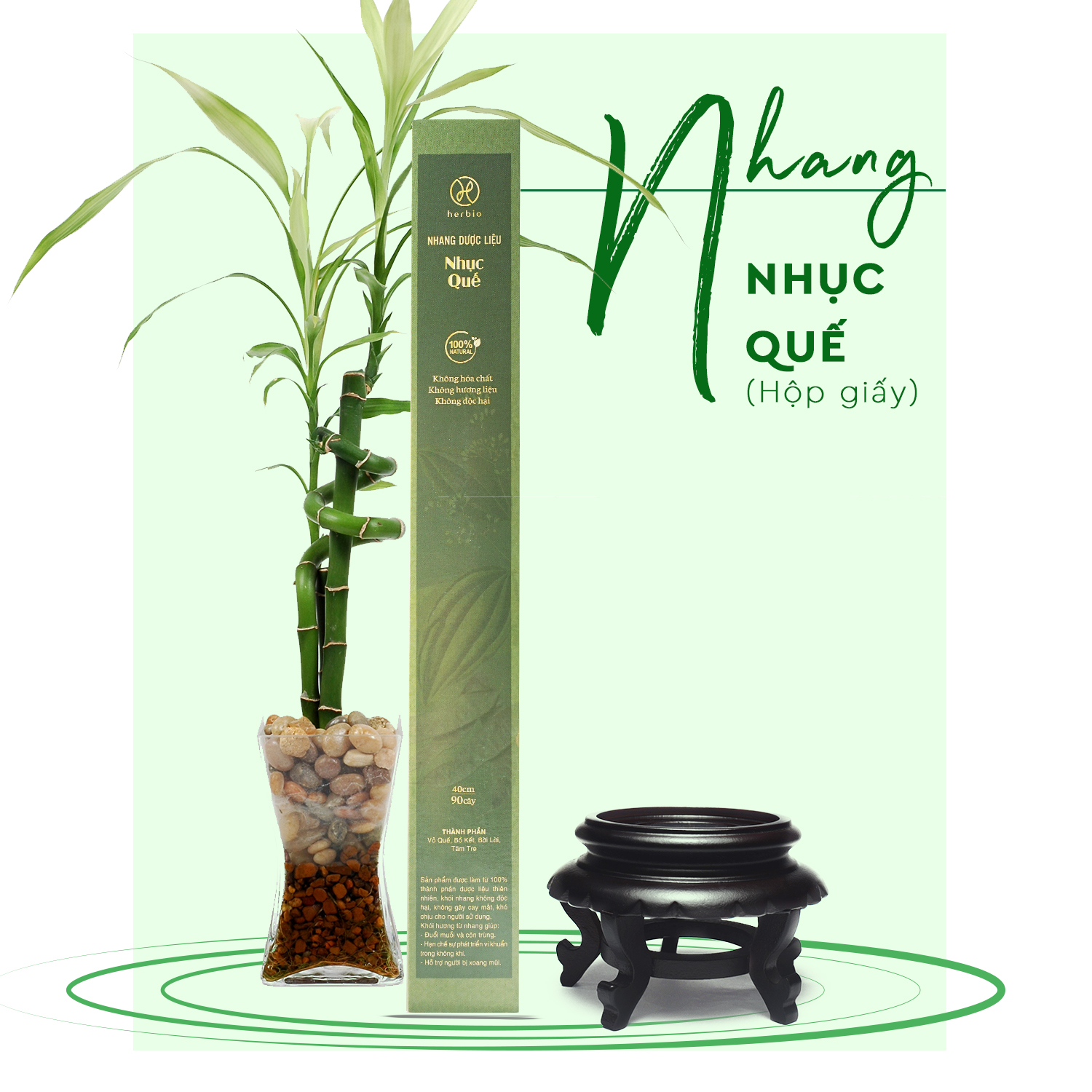 Nhang cây dược liệu Quế sạch Herbio - Hương thơm giúp thông mũi, tĩnh não, an thần, ít khói - An toàn dùng trong gia đình - Hộp giấy 90 cây x 40cm