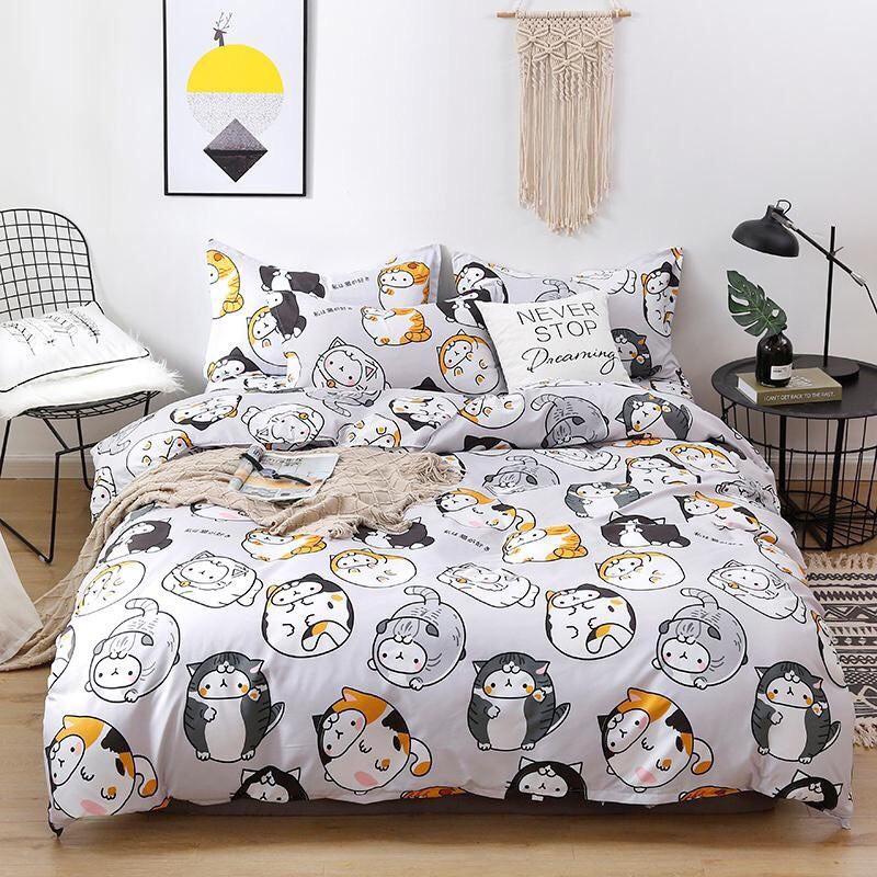 Bộ chăn ga gối Cotton poly M2T Bedding Mèo mập. vỏ chăn mền, drap nệm và 2 vỏ gối