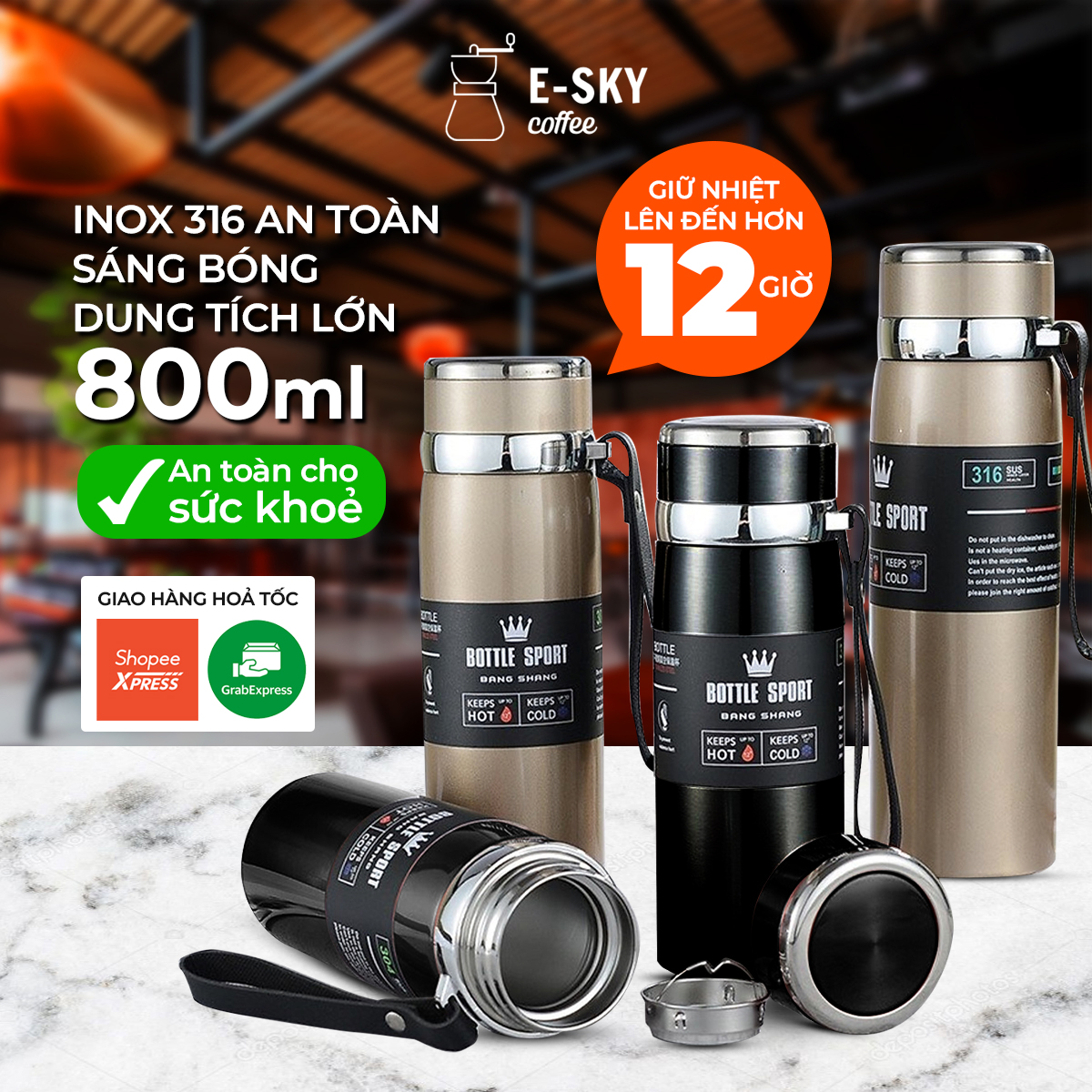 Bình Giữ Nhiệt Inox Cao Cấp E-Sky Coffee Bền, Đẹp, Tiện Lợi, Giữ Nhiệt Tốt, Thể Tích 800Ml