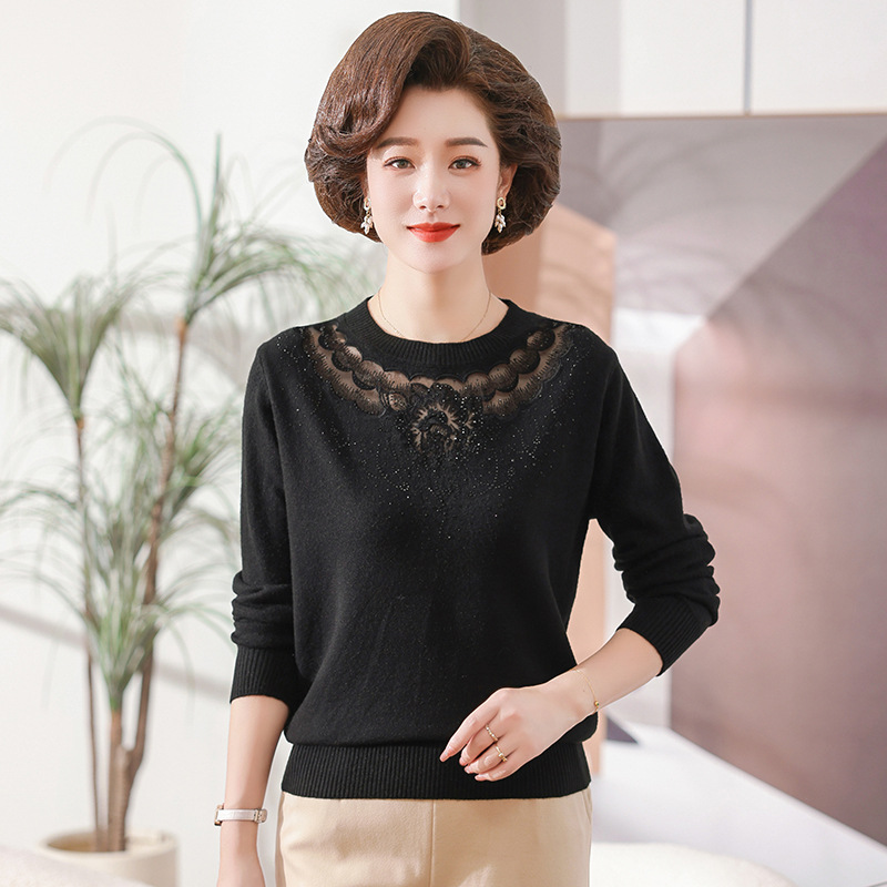 Áo Len Cổ Tròn Phối Ren Thời Trang Mùa Thu Của Mẹ AL85 - Hàng Quảng Châu Cao Cấp