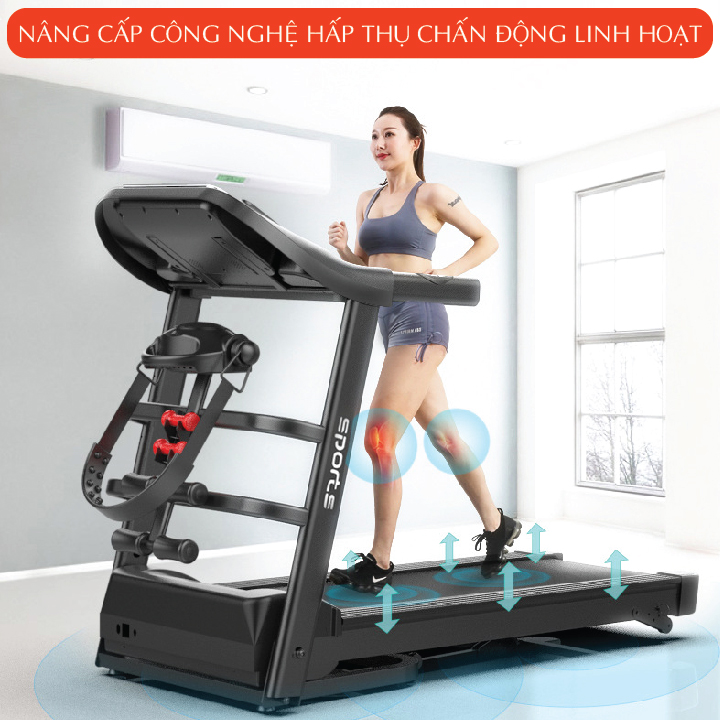 Máy chạy bộ Sport K130 Model mới hấp thụ chấn động, chip thông minh thế hệ mới, máy đánh mỡ bụng, 2 tạ tay, khóa trẻ em