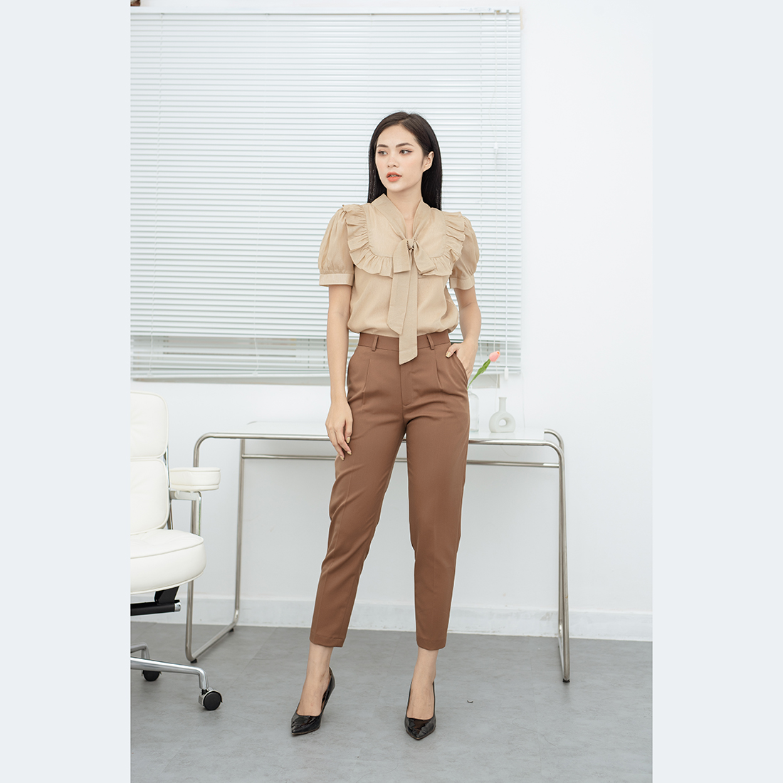 Áo kiểu nữ cổ nơ phối bèo thời trang Eden - ASM174