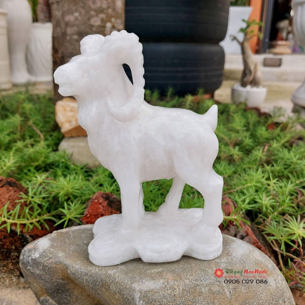 Tượng đá dê 12 con giáp phong thủy đá trắng 15cm đá Non Nước