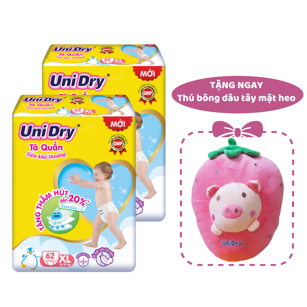 Combo 2 gói Tã quần em bé siêu khô thoáng UniDry size XL62 - Tặng 1 thú bông dâu tây mặt heo