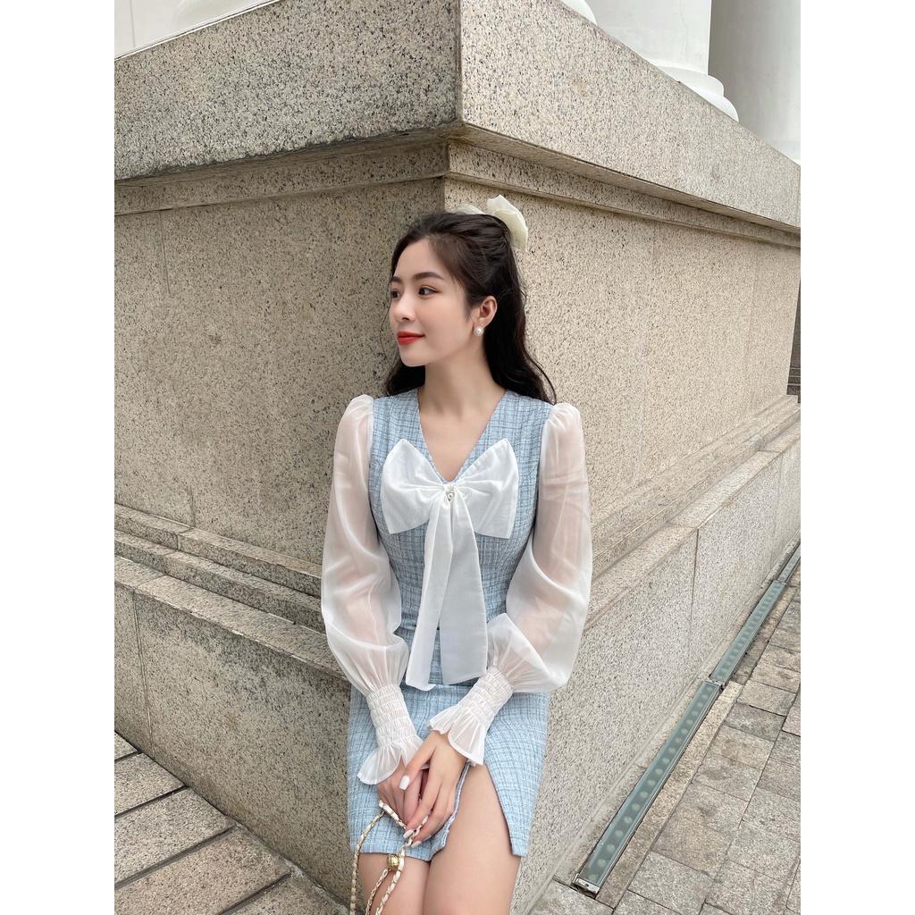 Váy dạ tweed phối voan tay dài bo chun, nơ trước ngực - M116