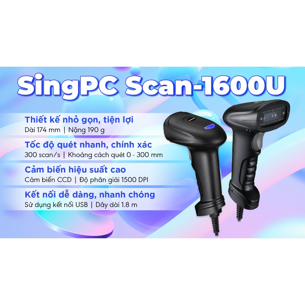 Máy quét mã vạch 1D SingPC Scan - 1600U có dây - Hàng chính hãng