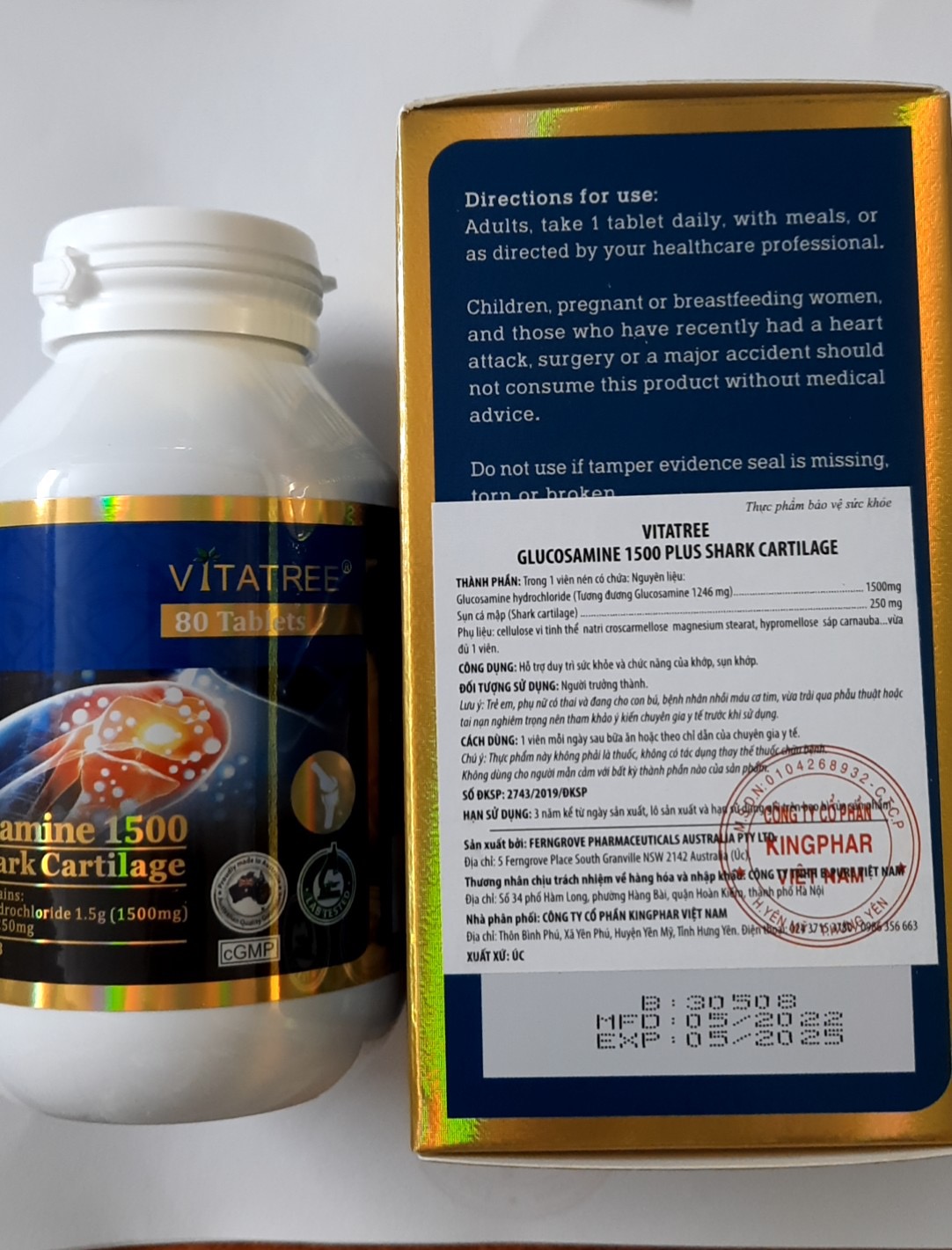Viên uống bổ khớp Vitatree Glucosamine 1500 plus shark cartilage, lọ 80v, nhập khẩu Úc