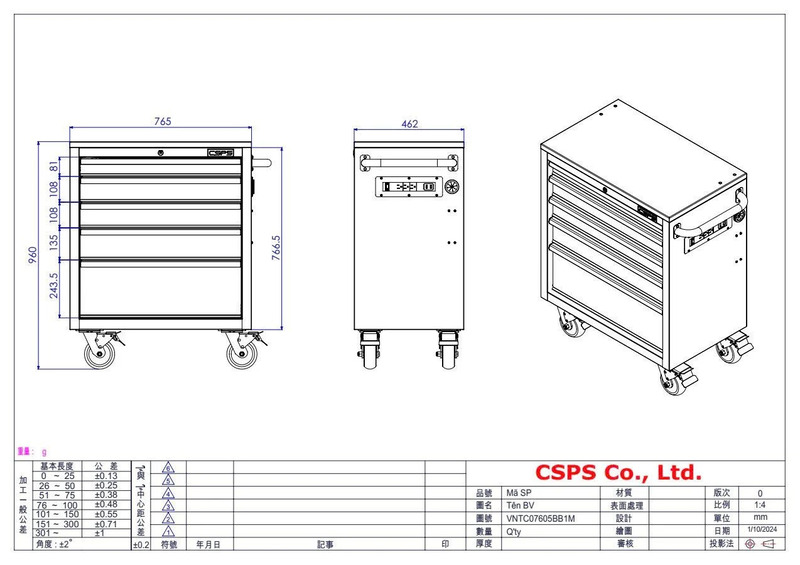 Tủ dụng cụ CSPS 76cm - 05 hộc kéo không nâng hạ màu xanh kèm vách lưới