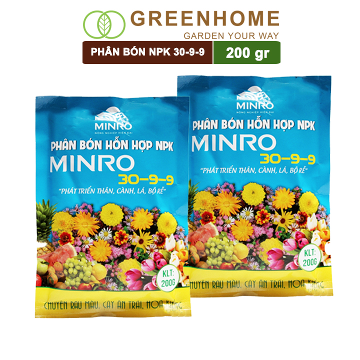 Phân NPK 30-9-9 Minro, bao 200gr, hỗ trợ phát triển nhanh thân, cành, lá, bộ rễ |Greenhome