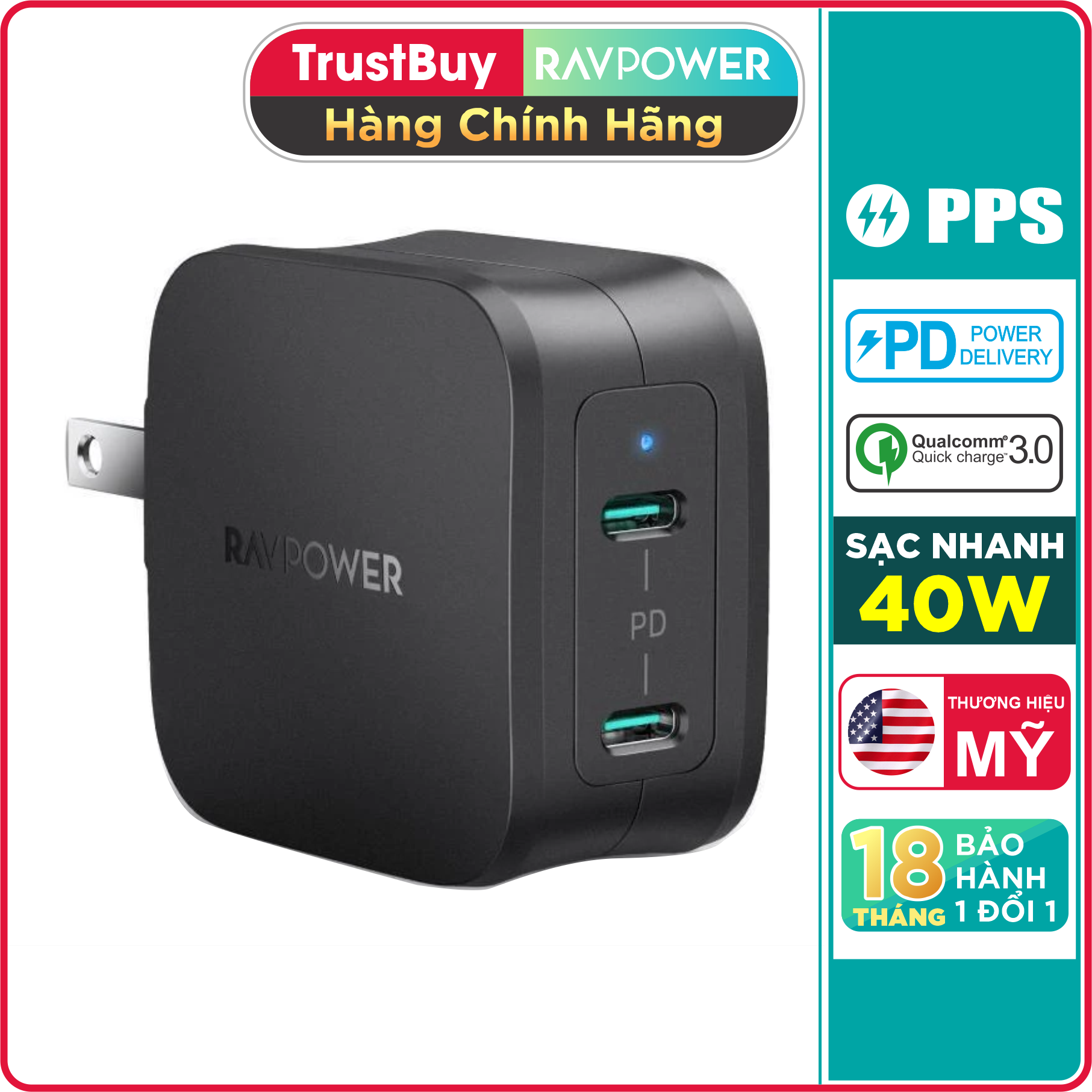 Adapter Củ Sạc 40W 2 Cổng Type C PD 3.0 & QC 3.0 Nhỏ Gọn RAVPower RP-PC152 - Hàng Chính Hãng