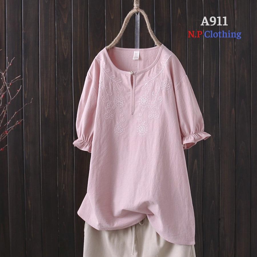 Áo Trung Niên Nữ A911, Mẫu Áo Sơ Mi Thêu Tay Phồng Cổ Tròn Form Rộng Thanh Lịch Bigsize | Thời Trang Trung Niên