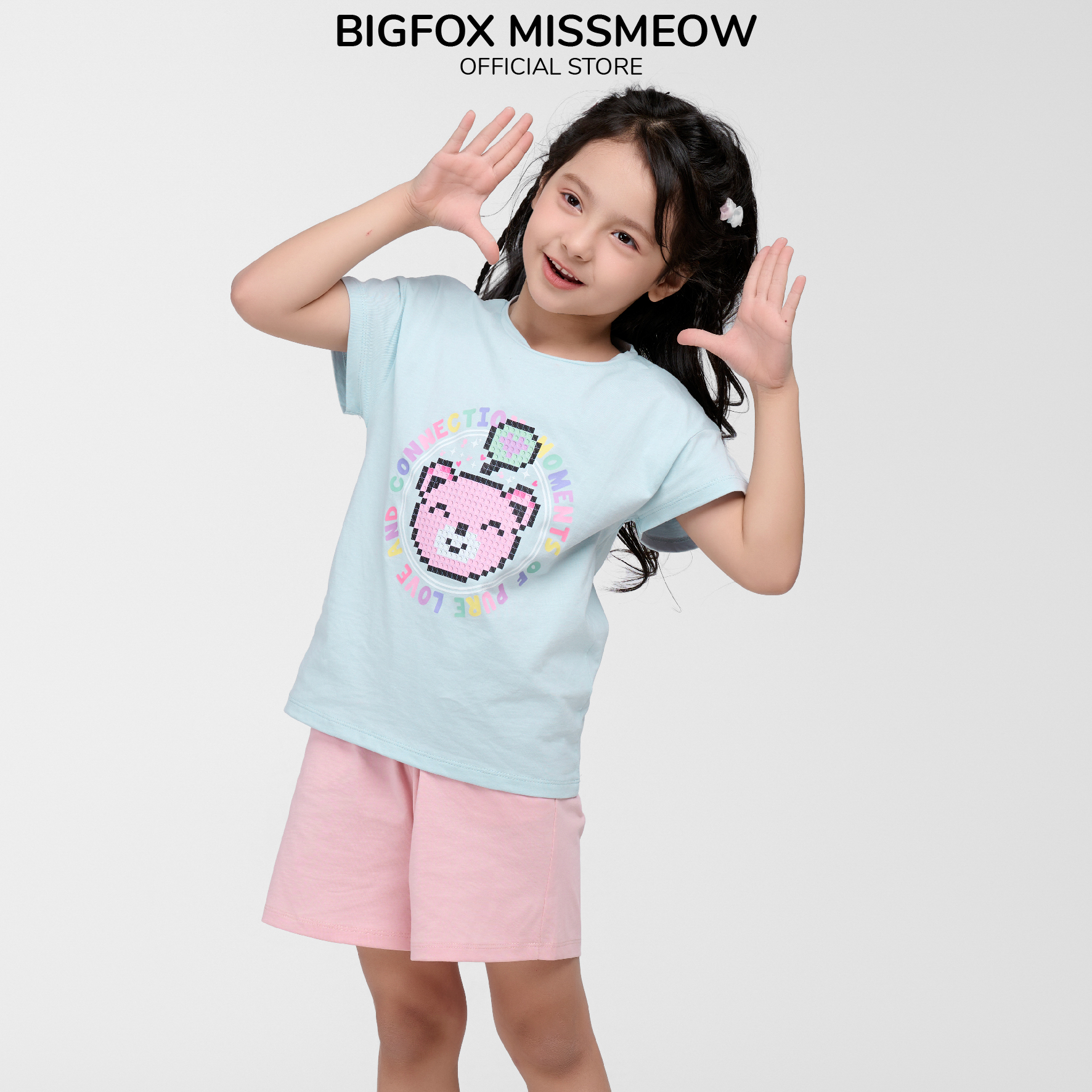 Bộ quần áo bé gái Bigfox Miss Meow mùa hè size đại vải cotton in gấu cỡ 3,6,9,11 tuổi 30kg 40kg