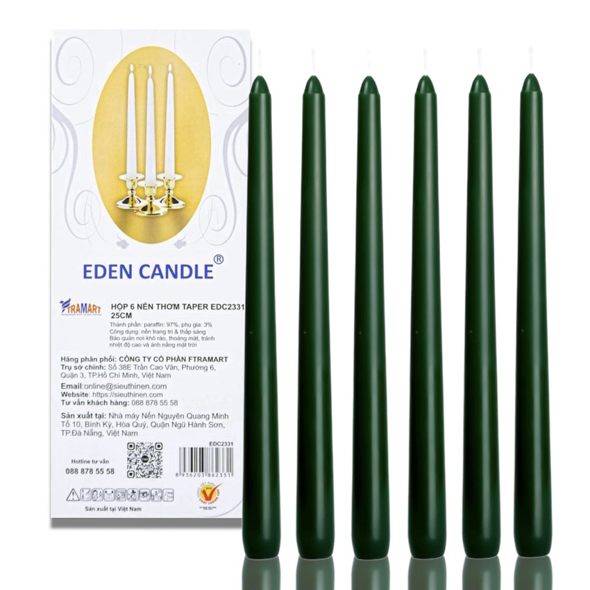 Hộp 6 nến thơm taper Eden Candle FTRAMART EDC2331 25 cm (Xanh rêu đậm)