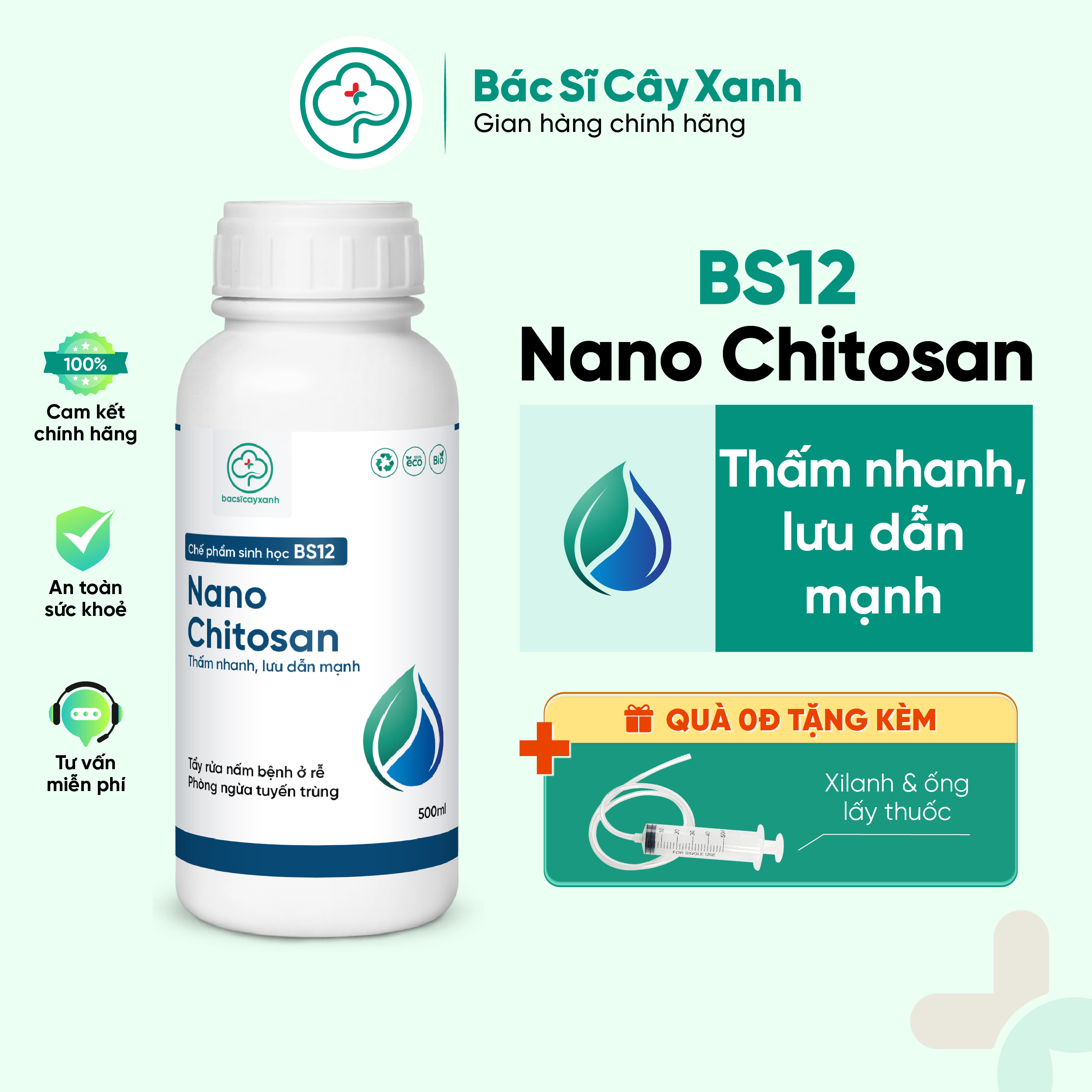 Chế phẩm Nano Chitosan Tẩy rửa nấm bệnh ở bộ rễ, ngừa tuyến trùng, tăng đề kháng cây BS12 500ml NSX Bacsicayxanh