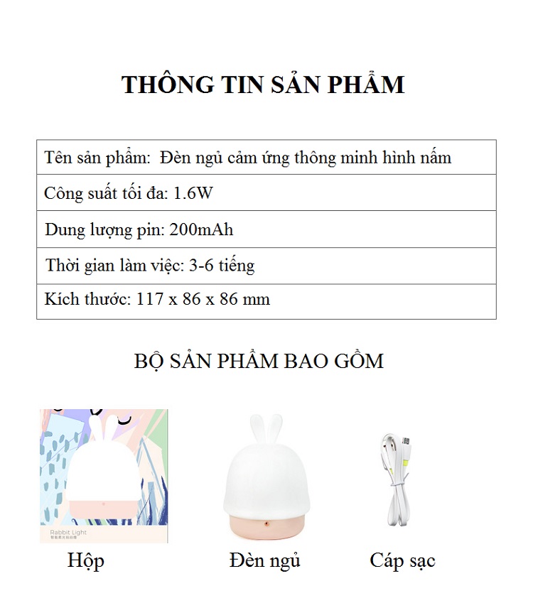 Đèn ngủ cảm ứng thông minh hình Nấm ngộ nghĩnh, chạm nhẹ để bật và tắt đèn