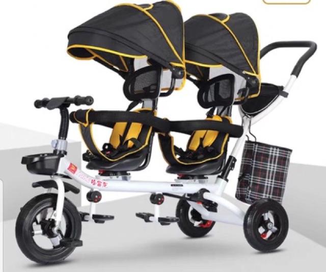 Xe đẩy đôi cho bé bánh cao su, ghế xoay 360 độ