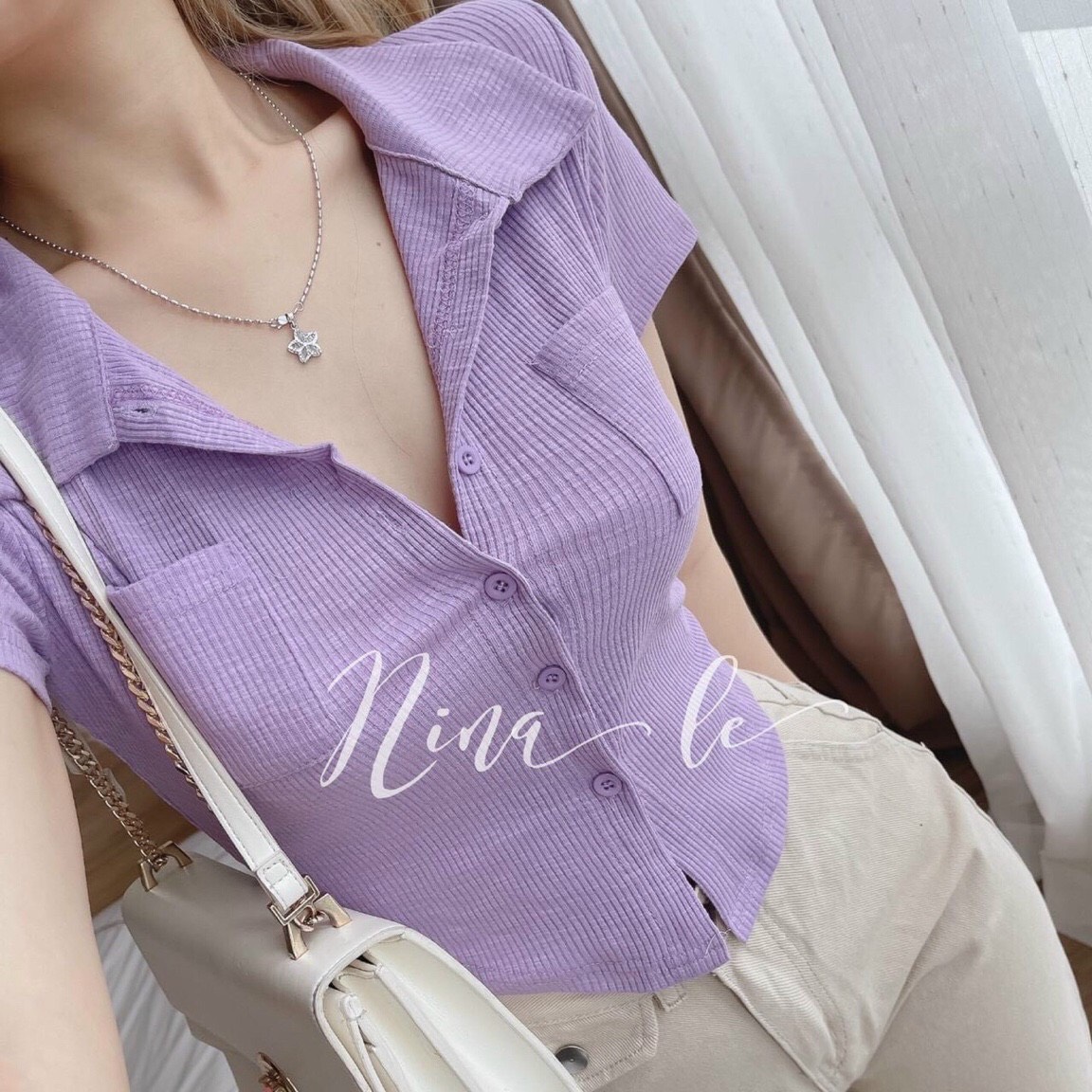 Áo thun bo gân cổ sơ mi dáng coptop dễ thương