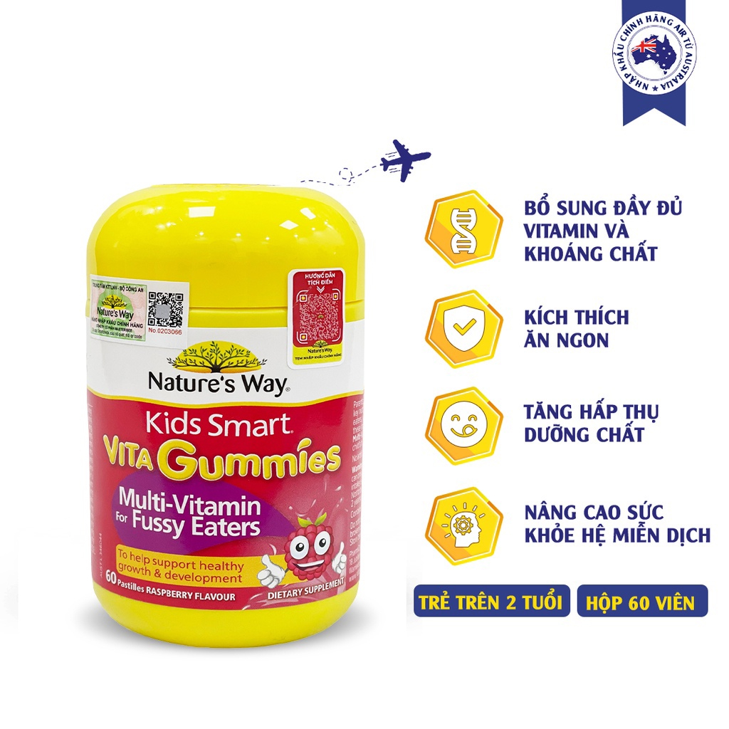 Kẹo Dẻo Cho Bé Nature's Way Kids Smart Vita Gummies Multi Vitamin for Fussy Eaters Kích Thích Ăn Ngon 60 Viên