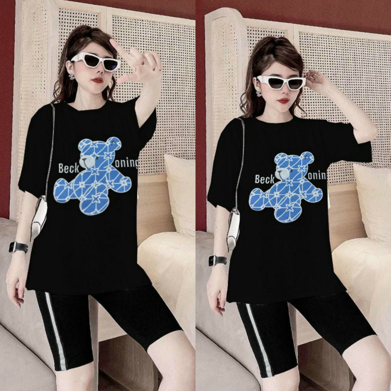 [FREESHIP]Đồ bộ đùi ngố áo thun cotton form rộng logo gấu xanh thêu quần ôm viền kim tuyến