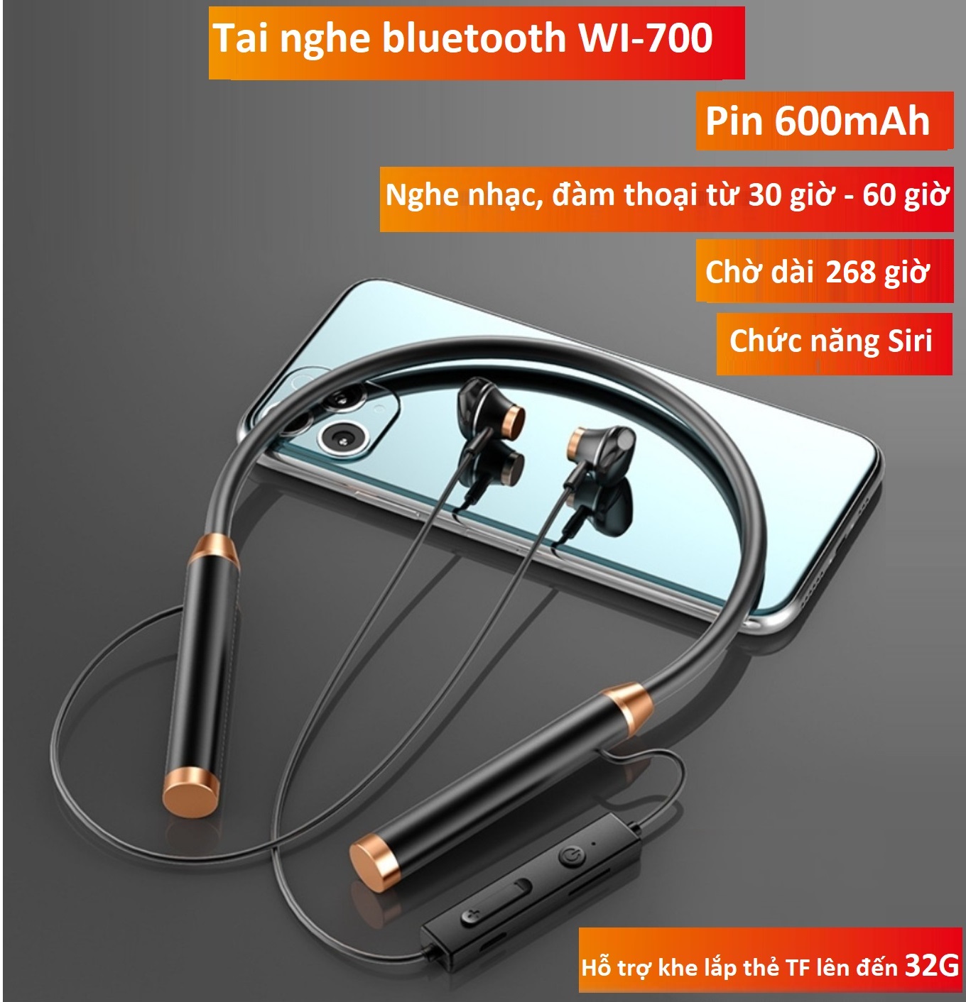 Tai nghe bluetooth không dây 5.1 Pin kép 600mAh, nghe nhạc và đàm thoại từ 30h đến 60h, chờ dài 268h, chức năng Siri, hỗ trợ khe lắp thẻ nhớ lên đến 32G.