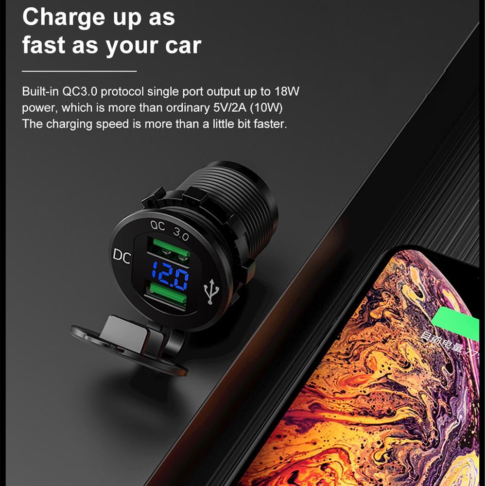 12V USB Outlet Car Charge Quick 3.0 Dual USB sạc ổ cắm với bộ sạc xe hơi bằng nhôm không thấm nước Voltmeter cho xe tải hàng hải