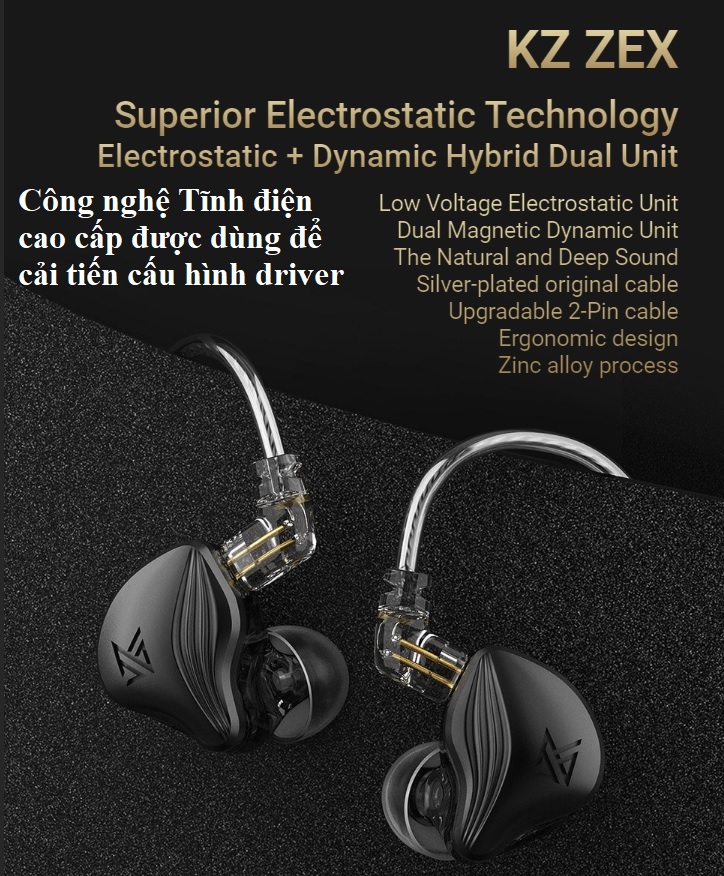 Tai nghe tĩnh điện chân cắm 3.5mm hỗ trợ mic KZ ZEX _ hàng chính hãng