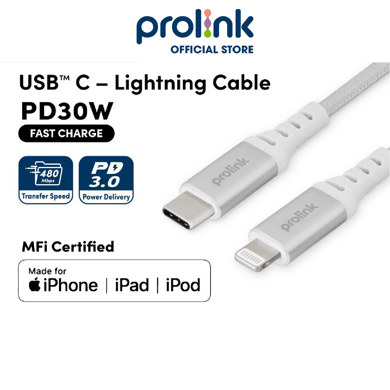 Dây sạc type C to lightning PROLiNK GCL_30_01 dài 1M, Sạc siêu nhanh 30W, Dành cho iPhone, iPad (MFi) - Hàng chính hãng