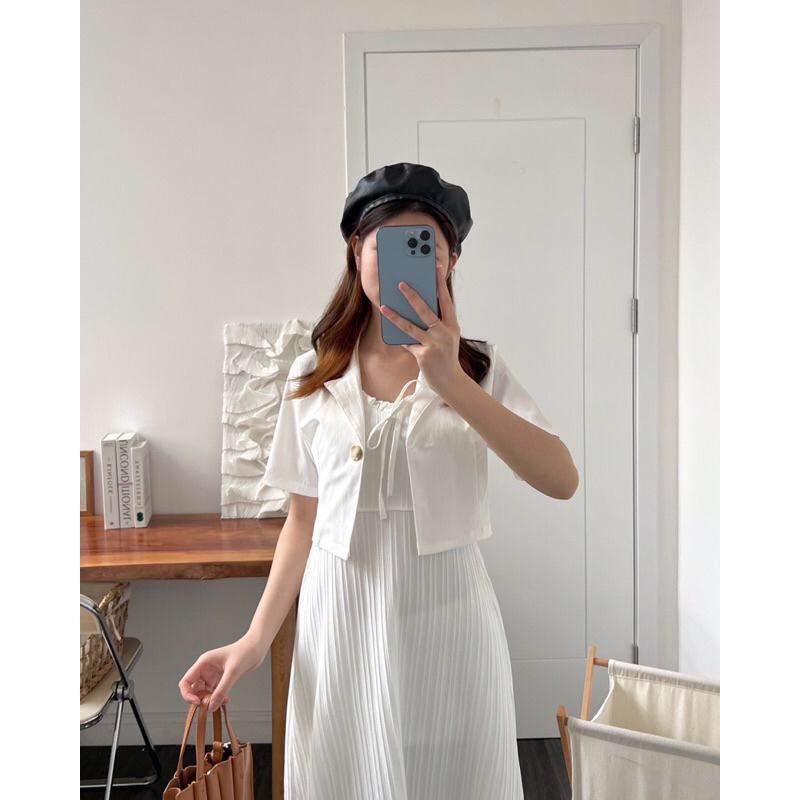 Set váy 2 dây nữ 1 màu nơ ngực, áo sơ mi cổ k lửng b238407