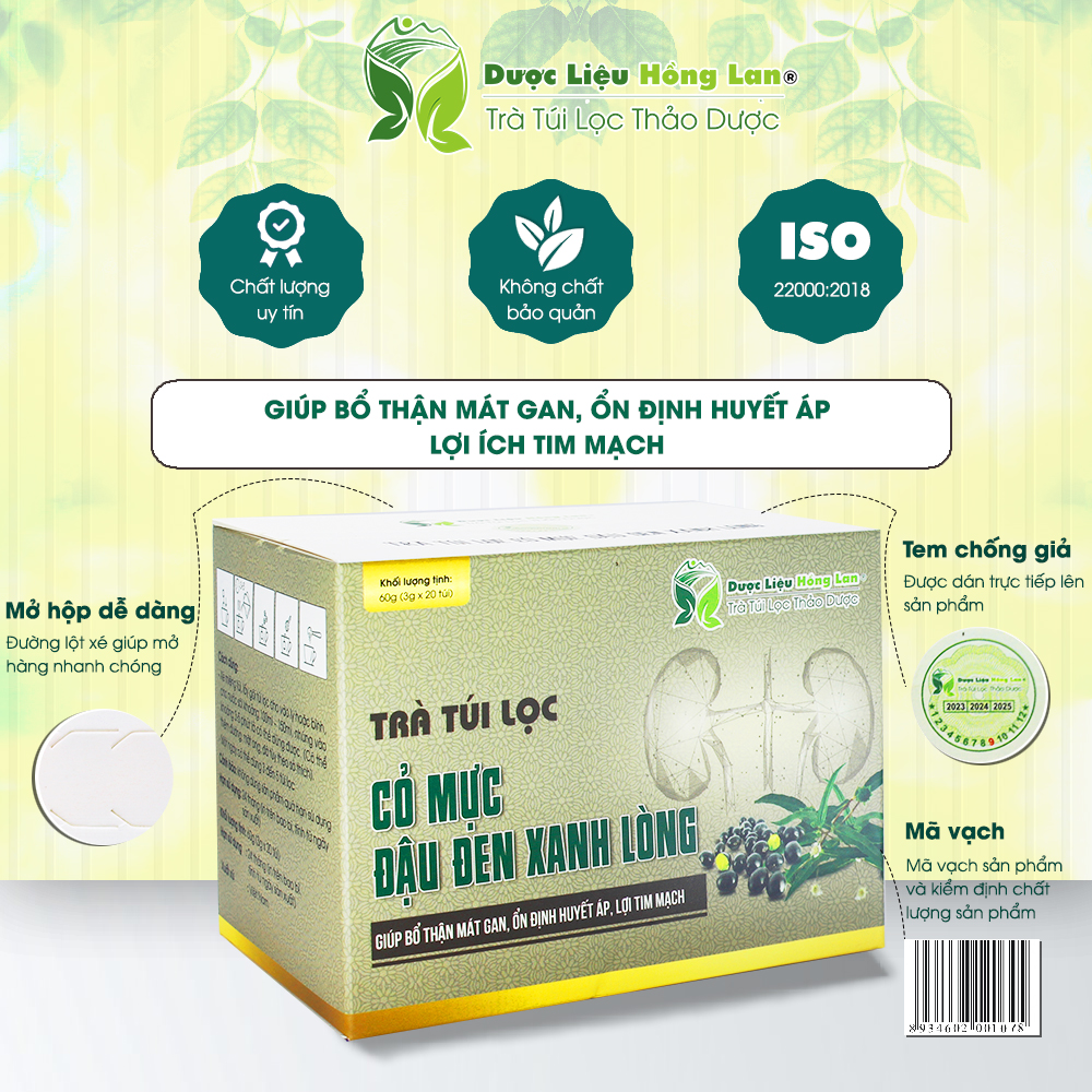 Trà Túi Lọc Cỏ Mực & Đậu Đen Xanh Lòng 60g Dược Liệu Hồng Lan