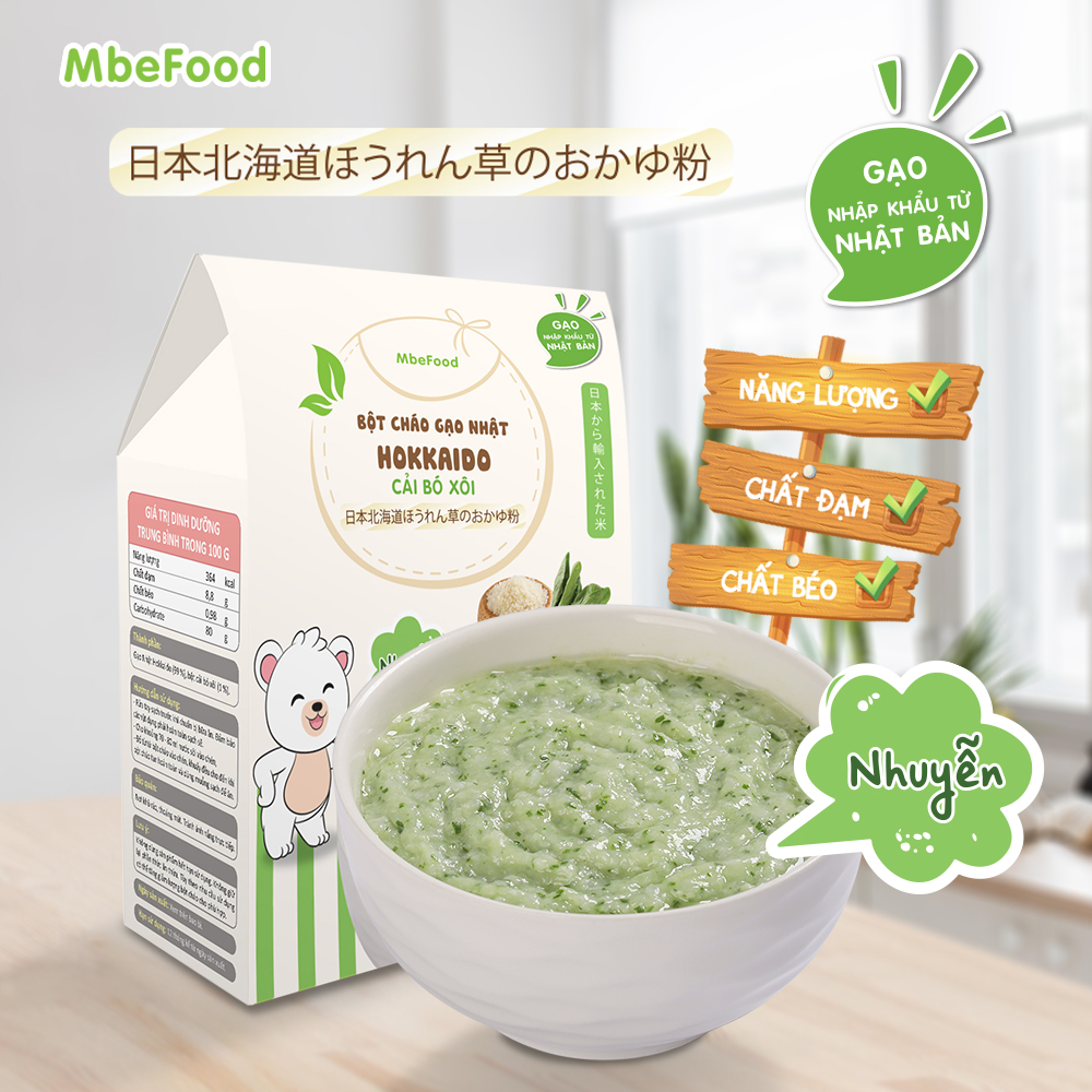 Cháo nhuyễn cho bé ăn dặm MBeFood Bột cháo gạo Nhật Hokkaido cải bó xôi cho bé ăn dặm (Hộp 4 gói x 18g)