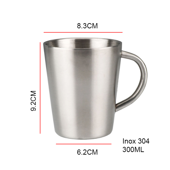Cốc ly inox 304 loại 2 lớp 300ml có tay cầm, dùng uống trà, cà phê, sữa, nước nóng lạnh đa năng