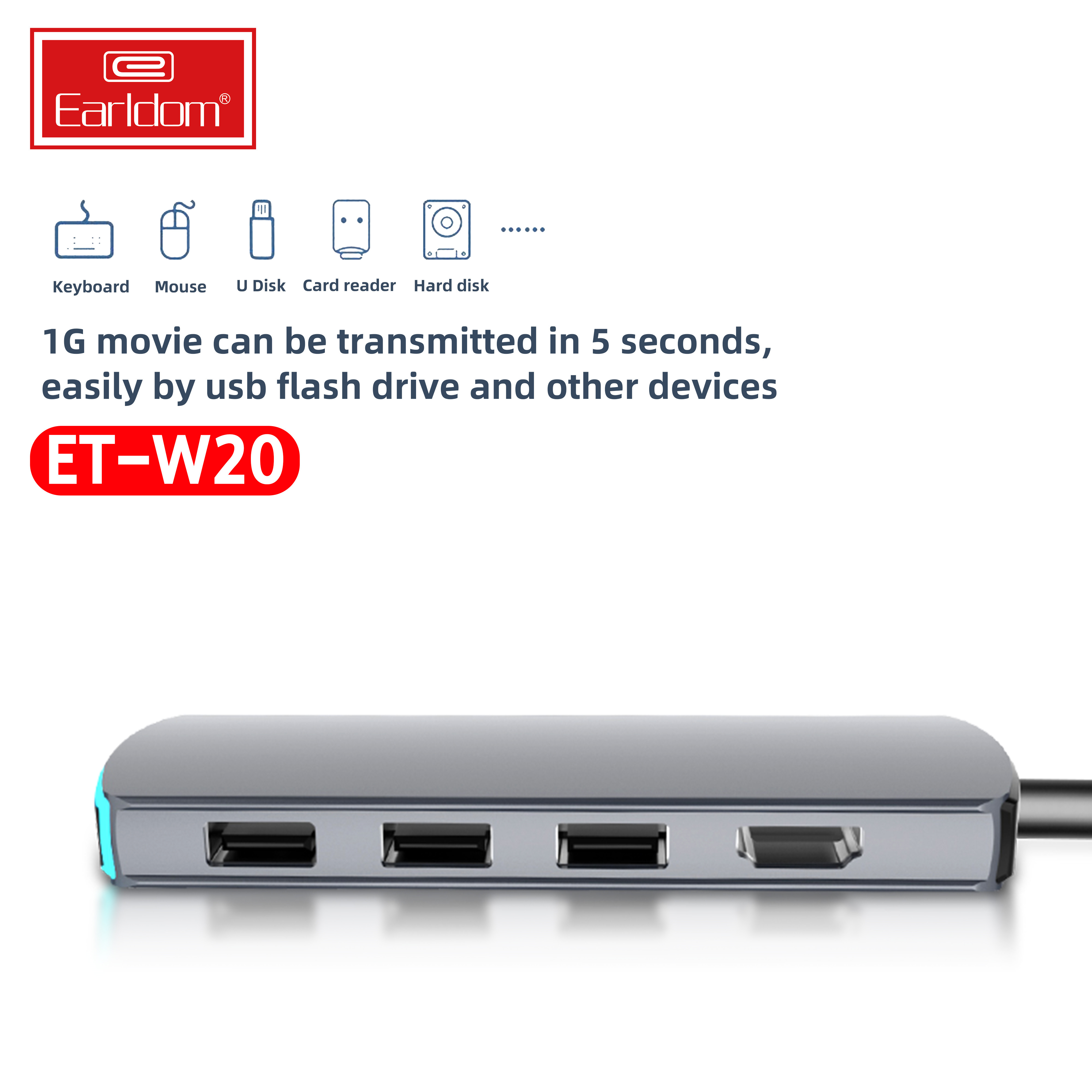 Cáp Chuyển USB Type C to HDMI 4K + 3 USB 3.0 + SD/TF + 3.5MM + USB C  Earldom W20 - Hàng Chính Hãng