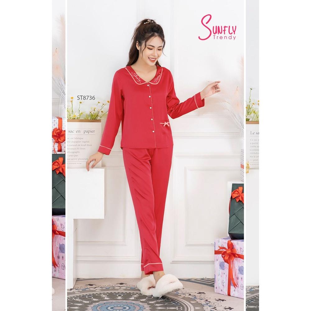 ST8736 Bộ đồ mặc nhà nữ pijamas lụa SUNFLY áo dài quần dài