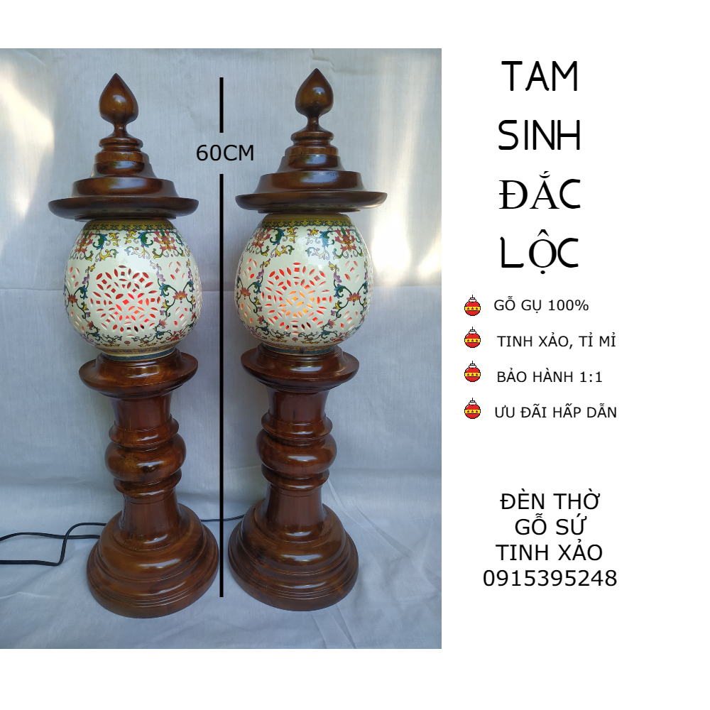 Đôi đèn thờ gỗ sứ tinh xảo TAM SINH ĐẮC LỘC (tặng kèm bóng LED dự phòng)