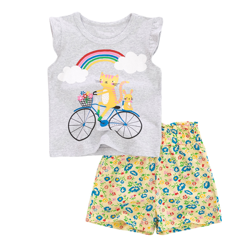 Bộ đồ bé gái hoa vàng phối ghi mèo đạp xe tay cánh tiên set trang phục hè bé gái dễ thương 2-7T (10-26kg)