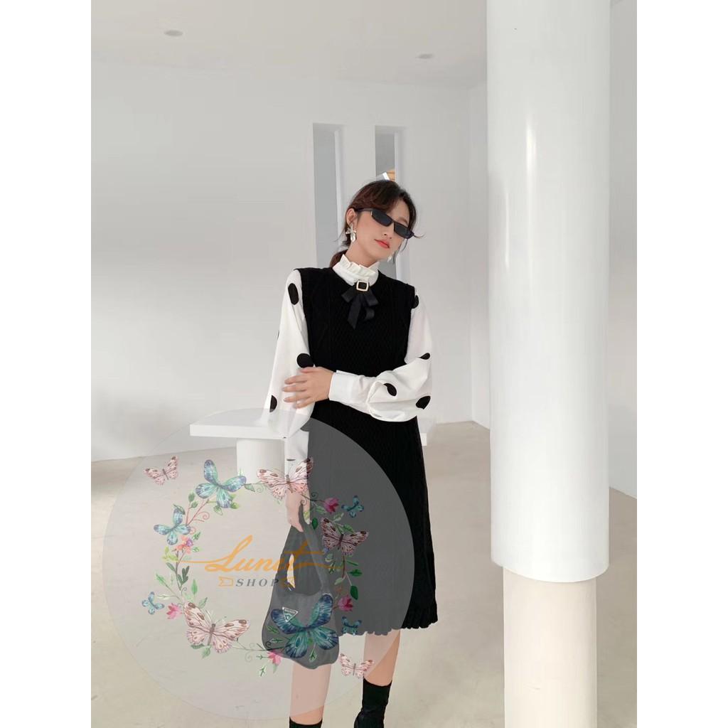 Set váy len kết hợp sơ mi tặng kèm đai lưng, nơ cài áo- Hàng QCCC