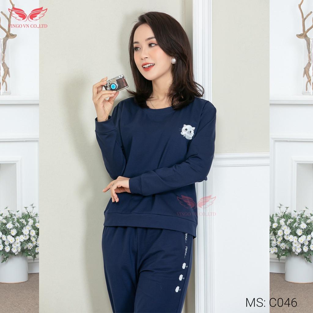 Bộ Đồ Ngủ Nữ Cotton Mặc Nhà VINGO Mùa ĐôngTay Dài Quần Dài Cổ Tròn Dáng Suông Hình Mèo Cao Cấp Nhiều Màu C046 VNGO