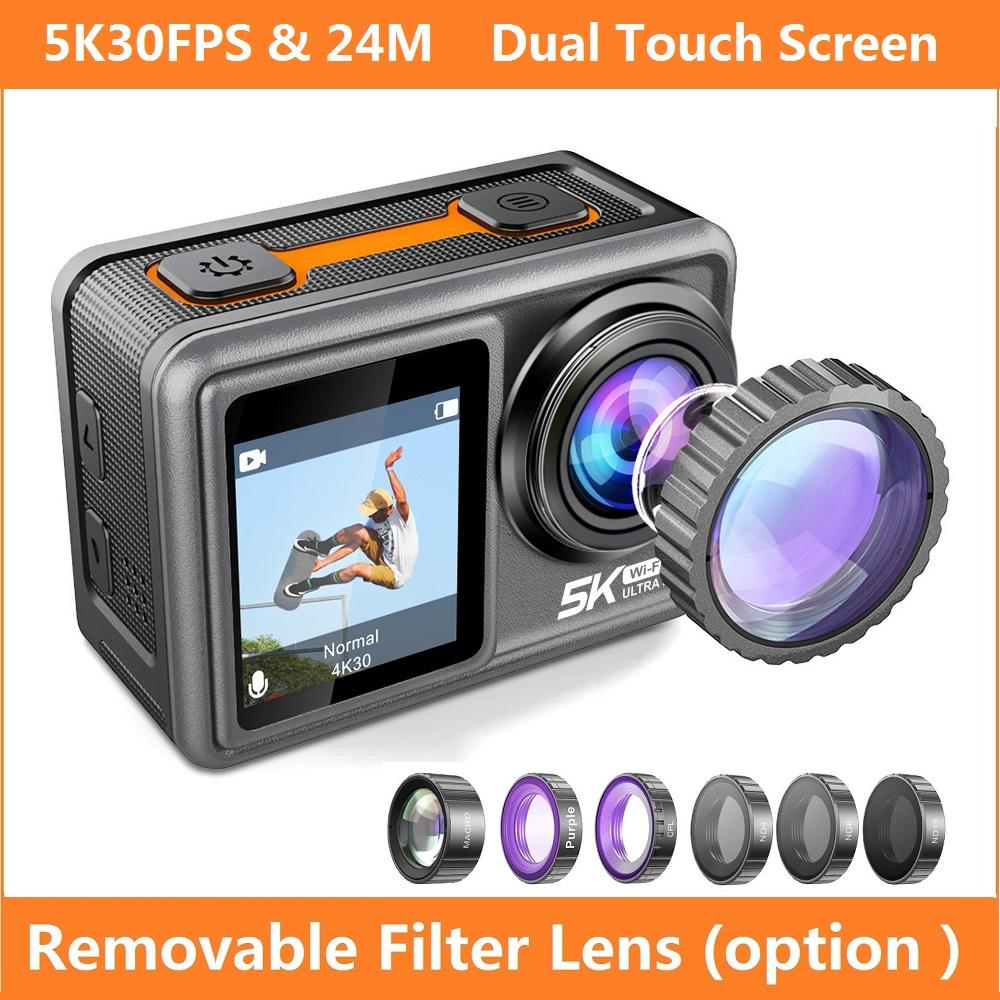 Camera hành động 5K 30FPS 48MP EIS Màn hình cảm ứng kép WiFi Điều khiển từ xa chống nước Máy ghi hình thể thao với bộ lọc có thể tháo rời Len